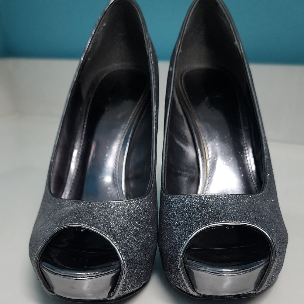 Worthington Women's Silver Sparkle Glitter Peep Toe High Heels Pumps Women's 8.5